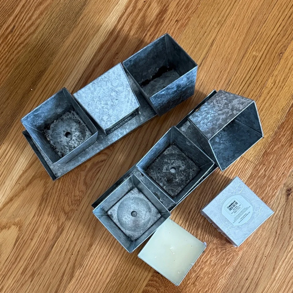 2 Crate&Barrel Citronella Candles & 2 -3 pot herb garden with trays galvanized